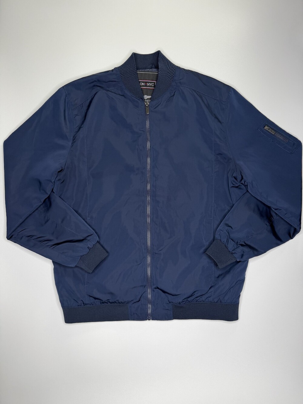 LON NYC Across The Pond Mens Bomber Jacket Large Navy Blue MA-1 Flight Full Zip